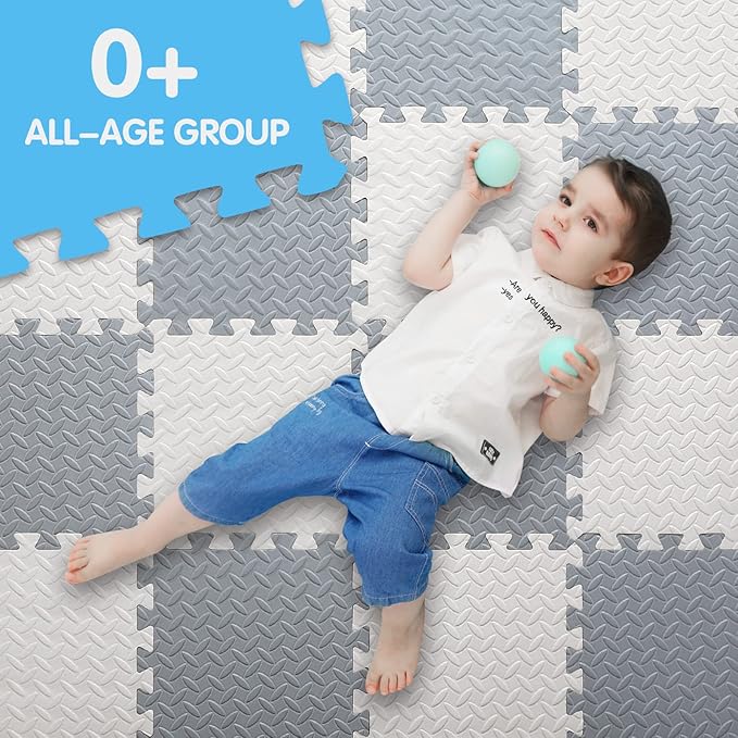 16 Tiles Foam Play Mat for Baby, Soft & Safe EVA Foam Mats for Floor, Square Baby Play Mat, Solid Colored Kids Foam Puzzle Floor Mat, 47x47 Play Mat for Playpen(Whit/Gray)