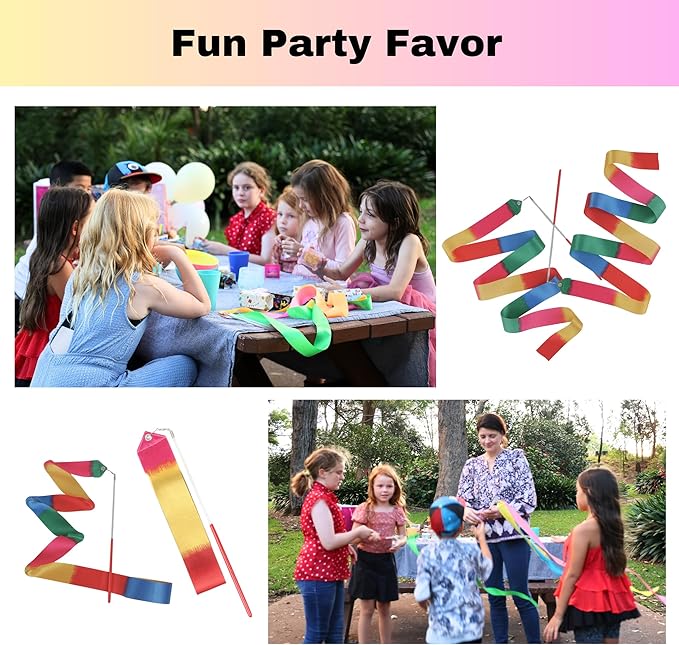 Ribbon Dance Wands 20 Pack, Party Favors for Kids Goodie Bag Stuffers, Rainbow Birhtday Outdoor Party Games (multicolored ribbon with Red grip, 20pcs Set)