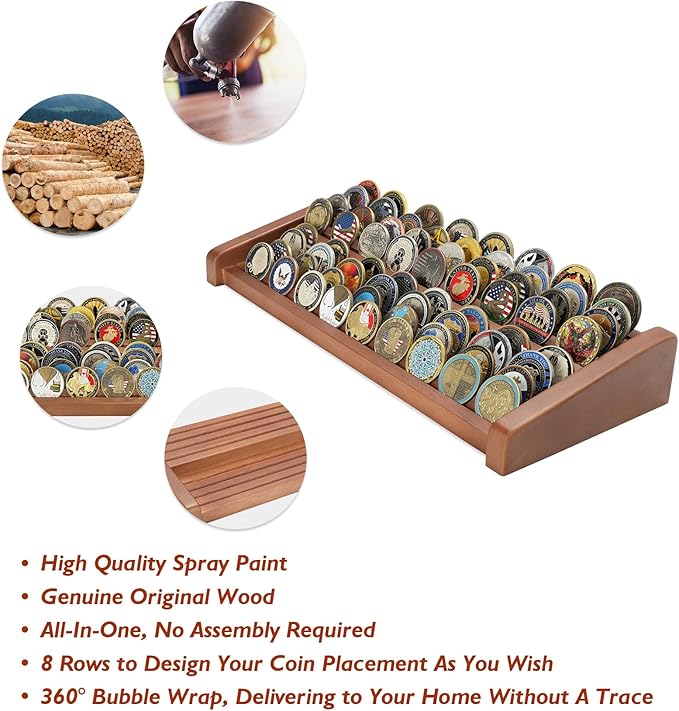 8 Rows Solid Wood Challenge Coin Display Stand - Military Holder for Up to 60-70 Coins - Ideal Rack for Army Navy Marine Corps Law Enforcement Collectors, Walnut Finish