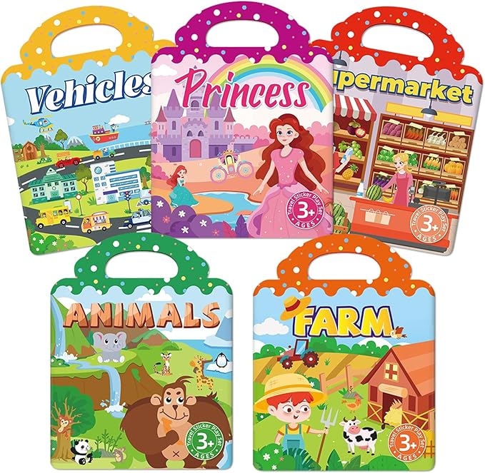 Sticker Books for Toddlers 2-4 Years, 5 Sets Reusable Sticker Books for Toddlers 1-3, Jelly Toddler Stickers Travel Toys for Ages 2+ Kids Boys Girls Halloween Birthday Christmas