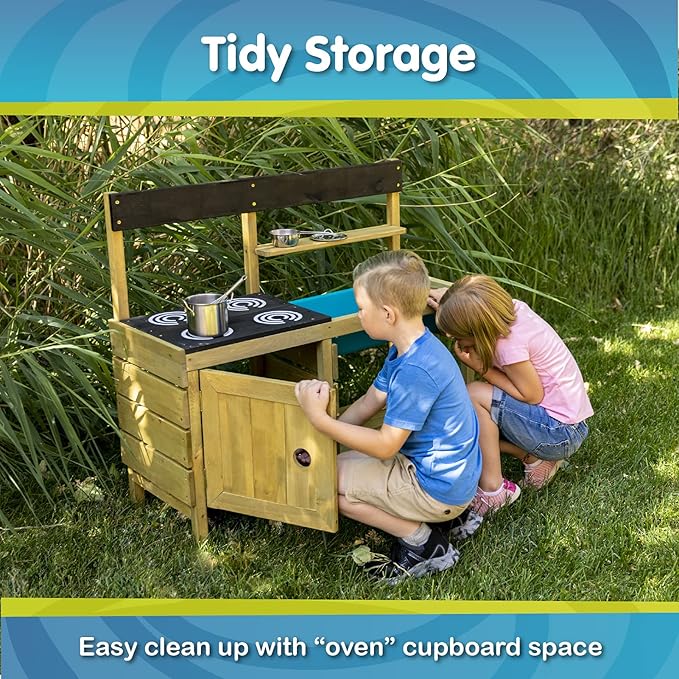 TP Toys Mud Play Kitchen For Kids - Indoor, Outdoor Wooden Toy Toddler Kitchen Playset with Accessories, Durable, Weatherproof, Removable Sink, Chalkboard, Wood Burner Stencils, Easy Assembly, Ages 3+