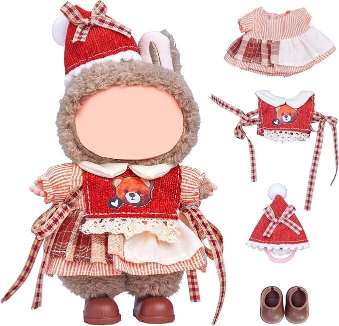 17cm Doll Clothes Set (No Doll), 4 Pieces Outfit Set for 6.7inch Dolls Suit, Fashion Christmas Clothes Accessories Dress-Up,Includes—Christmas Hat + Dress + Bear Vest+ Shoes(Style F)