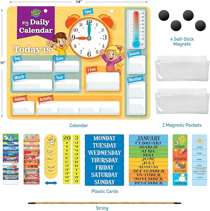 Learn & Climb Kids Daily Calendar Magnetic, Hang on Wall or Fridge for Home or School. (Yellow)