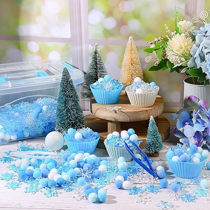 700PCS Winter Sensory Bin Items Christmas Sensory Bin Filler 240 Pompoms 450 Resin Snowflake 6 Cups 6 Tweezers 1 Storage Box for Winter Xmas Sorting Counting Training Preschool Education Activities