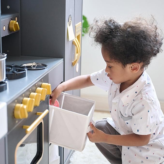 Teamson Kids Little Chef Colonie Play Kitchen for Kids, Gray – 2-Piece Pretend Kitchen Set with Ice Dispenser, Coffee Maker, Farmhouse Sink & Storage, Modern Wooden Toy for Toddlers & Girls Boys