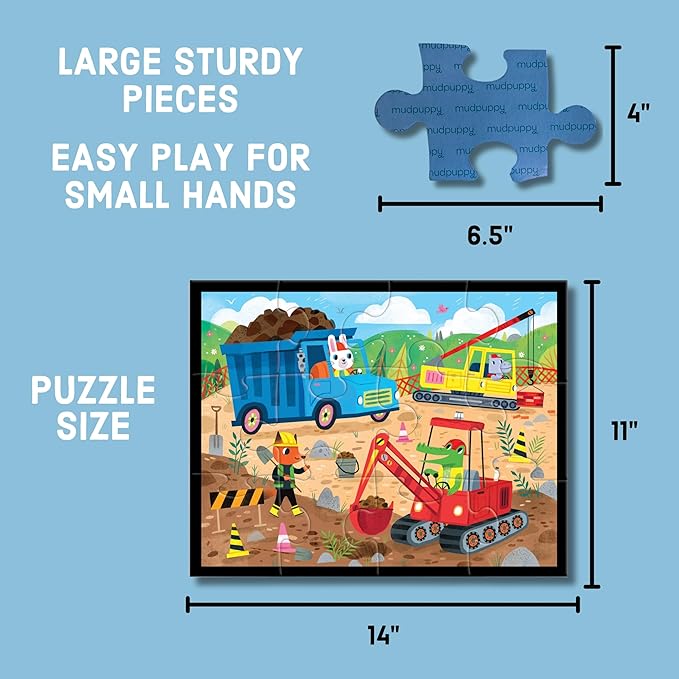 Mudpuppy Construction Site – 12 Piece Puzzle with Reusable Zipper Pouch Featuring Colorful and Fun Illustrations of Vehicles and Animals Workers Perfect for Easy Storage and Travel