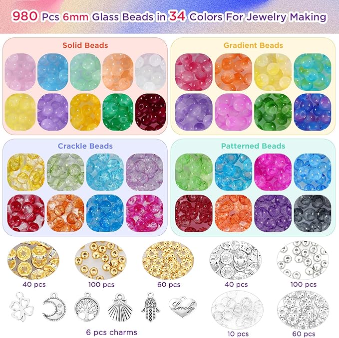 Funtopia Glass Beads for Bracelets 6mm, 1396pcs Bracelet Making Kit 34 Colors Glass Beads for Jewelry Making, Crystal Beads for Bracelets DIY Crafts with Spacer Beads and Charms