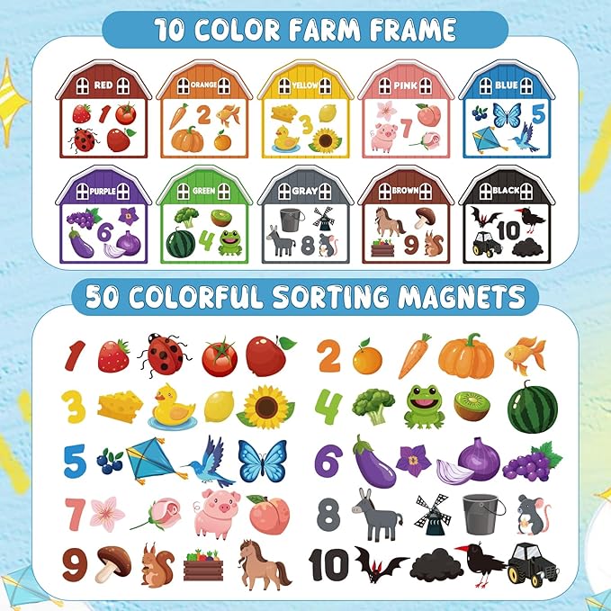 10Pcs Magnetic Color Sorting Toys 60 Toddler Magnets for Refrigerator, Cute Farm Animal Fridge Magnets for Early Education Toddler Color Sorting Learning Activities