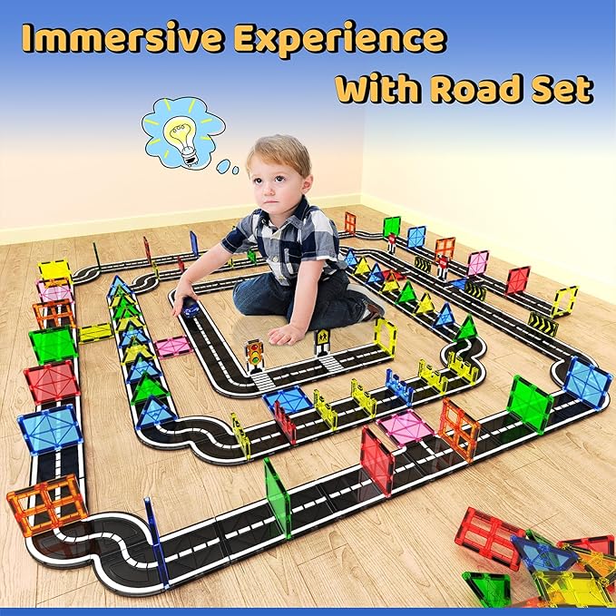 Magnetic Tiles - Road Set, Magnetic Building Blocks, Preschool Montessori Toys Gift for 3+ Year Old Boys and Girls, Sensory Travel Toys for Kids Aged 3-5 and 4-8, Ideas for Toddler with Autism