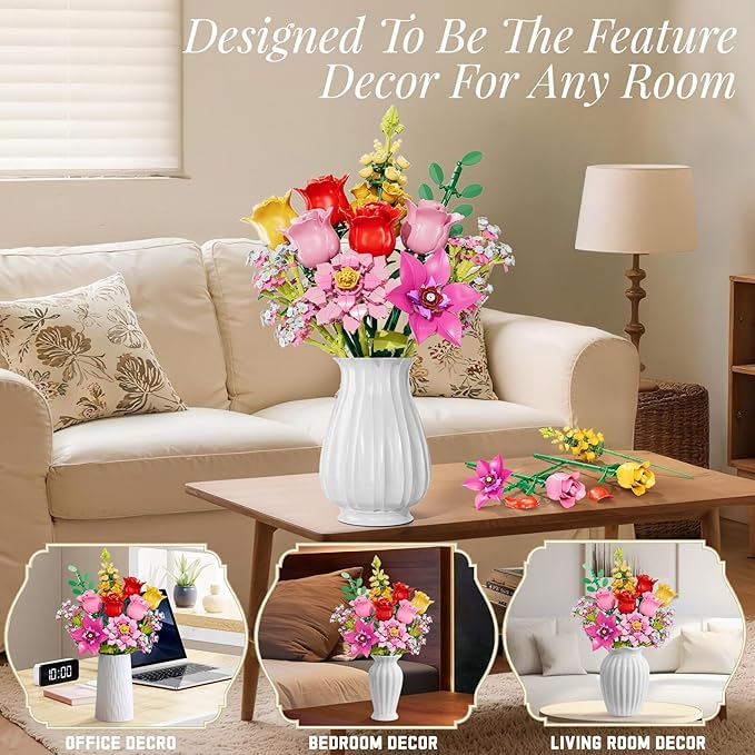 Utbttor Flowers Bouquet Building Set - Roses Flowers Set for Adults, 765 PCS Botanical Collection Building Block Toy, Home Decor Ornaments,Gifts for Anniversaries/Birthday, for Women and Kids 6+