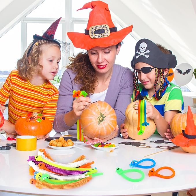 codree 48 Pcs Halloween Stretchy Fidget Toy, Colorful Stretchy Strings Sensory Fidget Toys, Sensory Stress Relief Stretch Toys with Ghost Pumpkin Bats Skull for Kids Party Favors Treat Bags Gifts