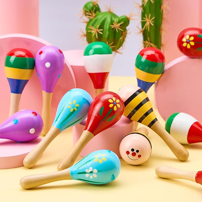 JOYIN 24 PCS Cinco De Mayo Mini Wooden Maracas for Kids, Fiesta Party Favors and Baby Maracas with Wooden Rattle Noisemakers Colorful Maracas Perfect for Cinco De Mayo Party