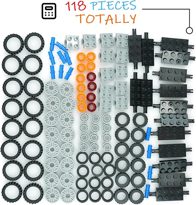 Wheels and Axles Set Tires, 118pcs City Car Parts Kits, Vehicle Truck Parts Classic Pieces Accessories, Construction Bulk Bricks Building Blocks Toys