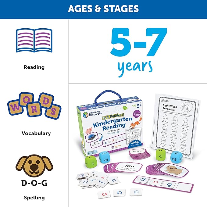 Learning Resources Skill Builders! Kindergarten Reading Activity Set -Learning Essential Materials, Reading Activities for Kids, Homeschool Supplies,Back to School, Ages 5+,122 Pieces