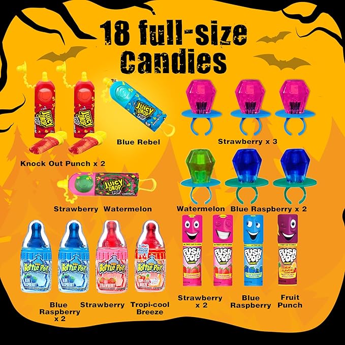 Halloween Candy Variety Pack, 18Ct Assorted Lollipops, Bulk Individually Wrapped Ring Pop, Push Pop, Baby Bottle Pop & Juicy Drop, Birthday Party Favors, Trick or Treat, Halloween Bowls, Kids Gifts