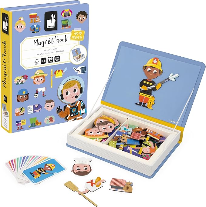 Janod - Magnéti'Book Métiers – Magnetic Educational Game 48 Magnets + 16 Model Cards - for Kids 3+ - Building Creative Structures - Stimulates Creativity - Fun and Educational - J02597