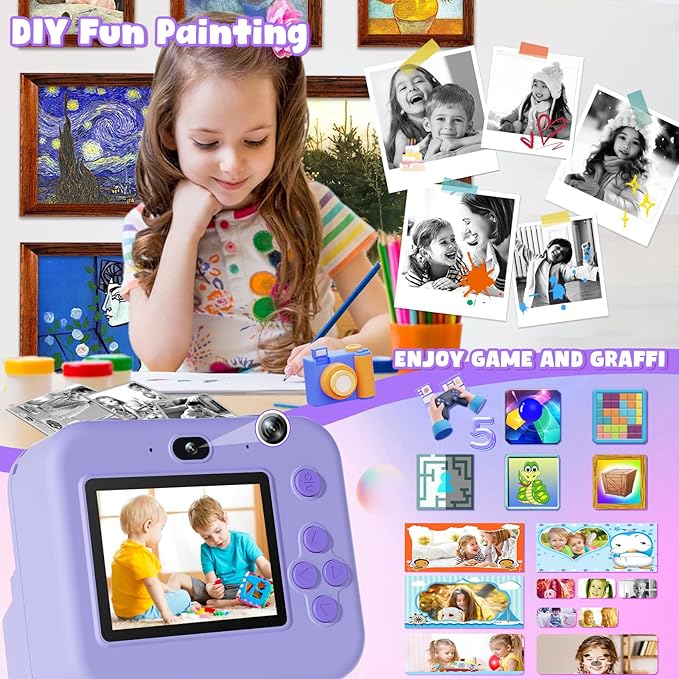 Kids Camera Instant Print - 1080P HD Video Digital Camera for Toddler with Printing Photo Paper, Portable Toy for 4 5 6 7 8 9 10 Years Old, Christmas Birthday Gifts for Boys Girls (Purple)