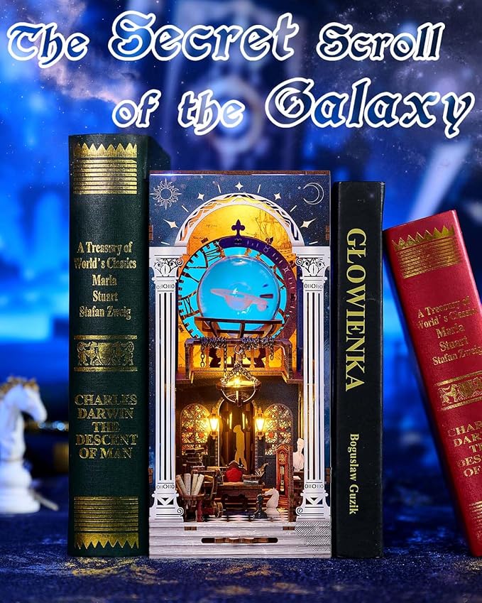 Book Nook Kit - Secret of The Galaxy, DIY Booknook Kit for Adults, 3D Wooden Puzzle Bookshelf Insert Decor with LED Lights, Craft Gift for Teens Family Friends