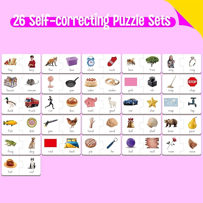 Rhyming Puzzles, 26 Groups Rhyming Word Cards Phonics Matching Game Self-Correcting Puzzle Early Childhood Learning Card for Kindergarten Preschool