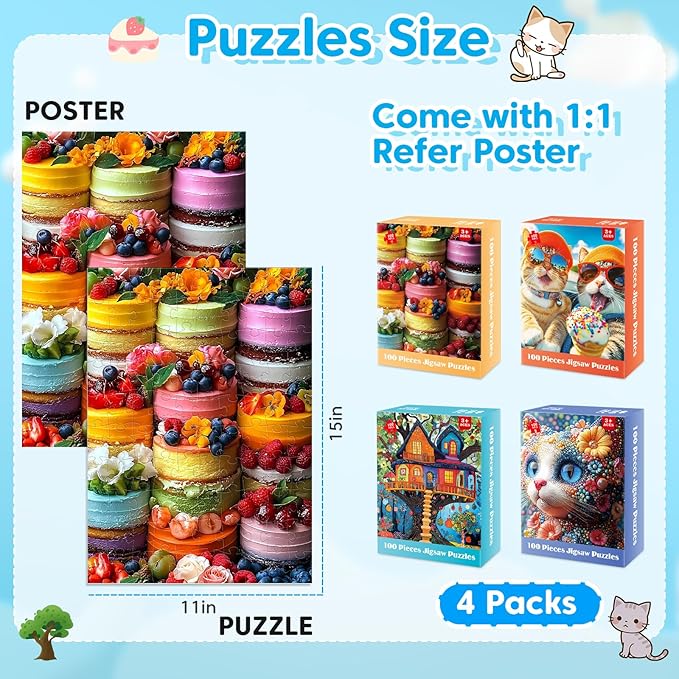 4-Pack 100 Piece Puzzles for Kids Ages 4-6 6-8 Year Old - Cakes Tree House & Cats Jigsaw Puzzles, Fun Educational Toys for Boys Girls, for Family Activities