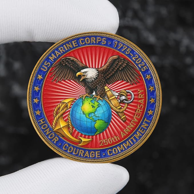 US Marine Corps 250th Anniversary Challenge Coin - Double-Sided Eagle, Globe & Anchor Design - 1775-2025 Honor Military Coin - Courage & Commitment Keepsake for Veterans & Marines