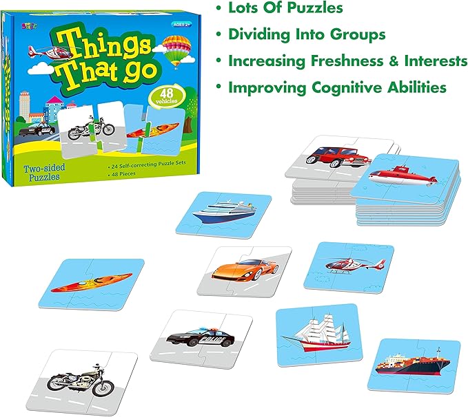 48 Vehicle Matching Puzzles with Error-Correction Mechanism Pre-Primer in 2 Pieces, Perfect for Preschool Learning (24 Blocks Double Sided)