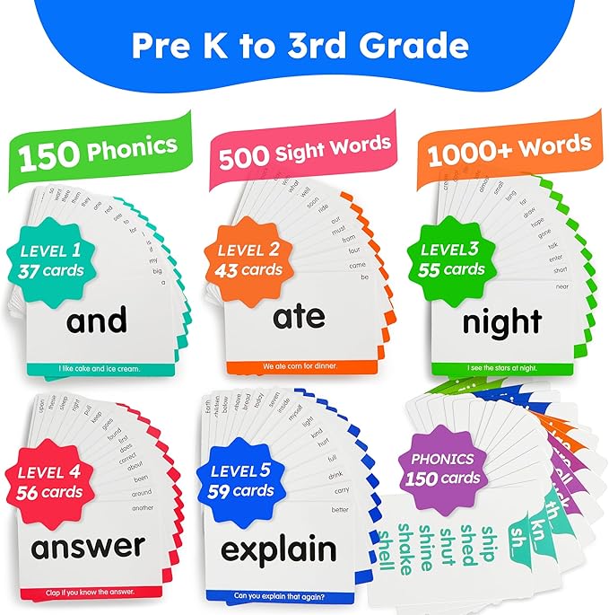 BenBen 650 Sight Words & Phonics Flash Cards, Learn to Read CVC, Blends, Long Vowel Sounds, Dolch & Fry High Frequency Site Words for Pre-k Kindergarten 1st 2nd 3rd Grade Kids Ages 3-9