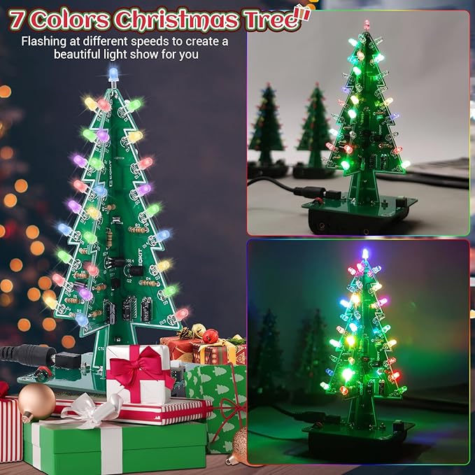 5 PCS Christmas Tree Soldering Project, Icstation 3D Xmas Tree Soldering Kit with LED Flashing Lights Soldering Practice 7 Colors DIY Christmas Tree Assemble Kit for Learning Teaching STEM Educational