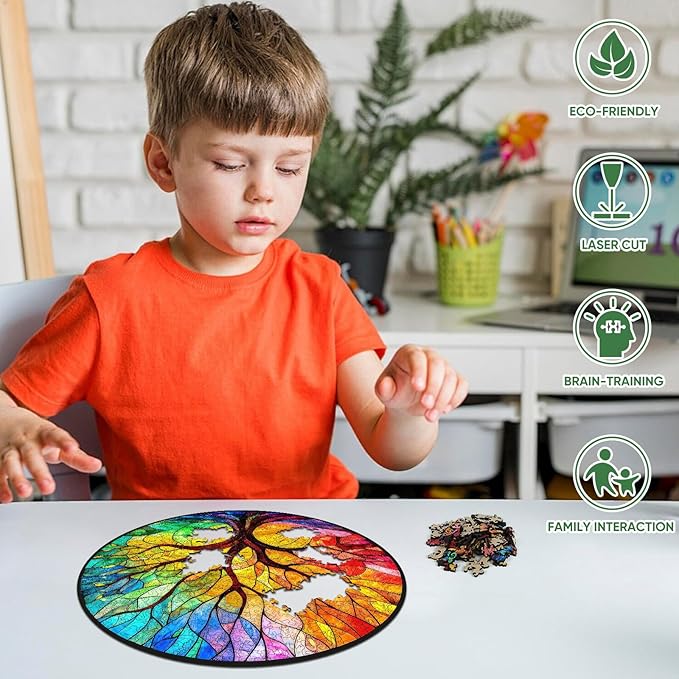 Ruikiyart Wooden Puzzles for Adults, 5MM 200 Pieces Colorful Tree Wooden Jigsaw Puzzles, Tree Puzzle Unique Shaped for Adults and Kids on Birthday, Thanksgiving, Family Puzzle Games (11.2"*11.2")