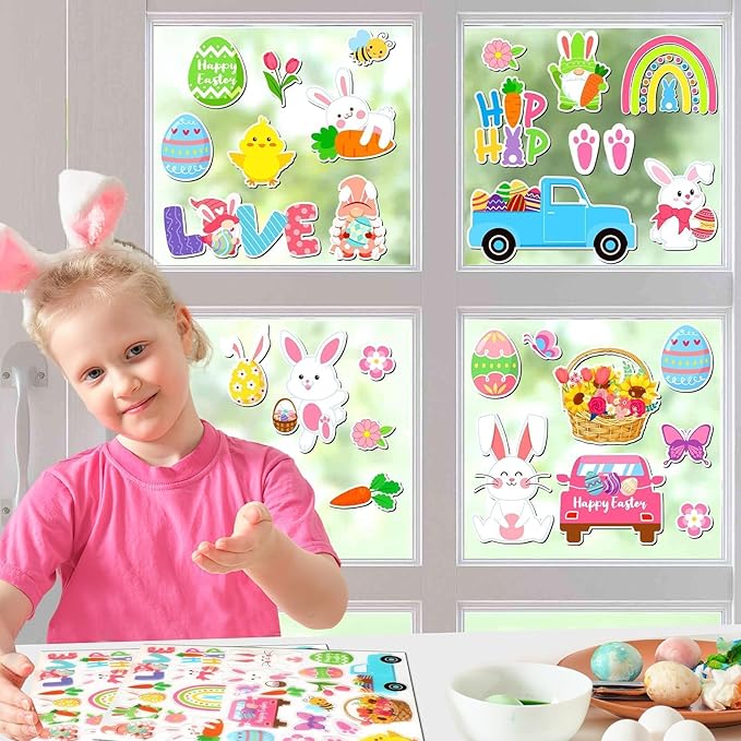 MARFOREVER 25 Pieces Easter Window Gel Clings Happy Easter Rabbit Egg Window Clings Colorful Spring Bunny Sticker Decal for Kids Home Classroom Nursery Shop Glass Decor Display