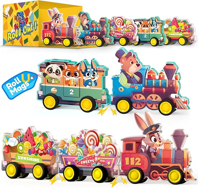 Oriate Rolling Magnet Train Set for Magnetic Tiles, 5pcs Magnet Tiles Toy Train for Road Magnetic Tiles, Free Wheel Animal Vehicles for City Magnetic, Kids Christmas Town Magnetic Tile Accessory
