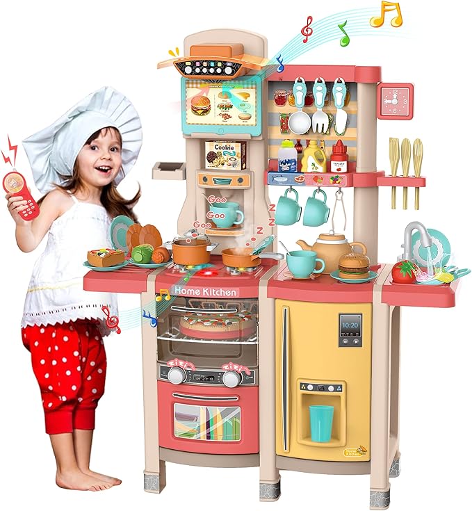 SANDINRAYLI Kids Kitchen Playset,65Pcs Play Kitchen Sets for Kids Ages 4-8, Large Play Kitchen for Toddlers 3-5, Kitchen Toys with Running Water, Plastic Pretend Kitchen for Girl & Boy, Pink
