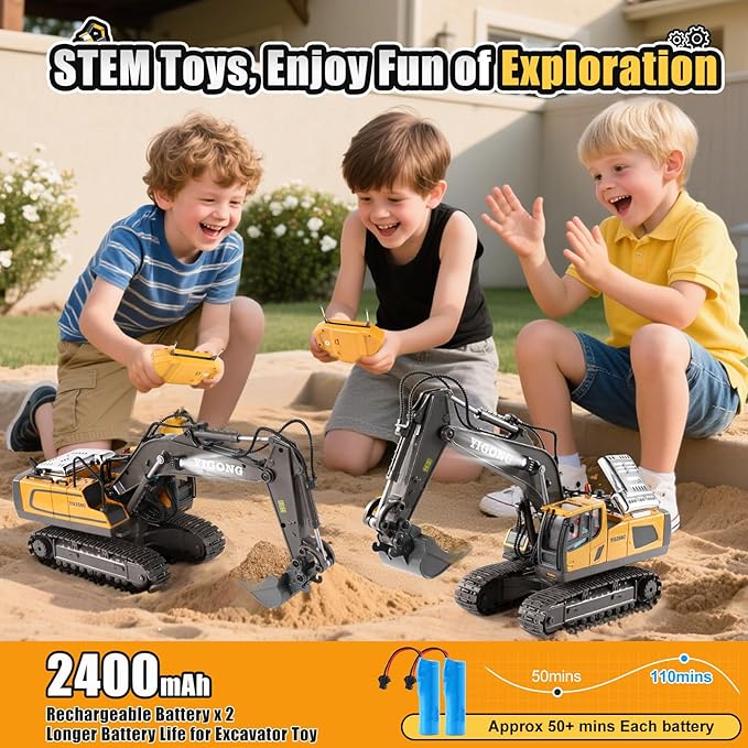 LUDILO Remote Control Excavator Toys for Ages 5-7, 11CH 2400mAh 2.4GHz RC Cars Construction Toy Truck Digger Metal Shovel Sound Light, Kids Boys Toys Age 4-6-8 Birthday Gifts for 5 6 7 8 Year Old Boys