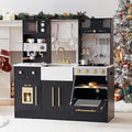ROBOTIME Wooden Play Kitchen for Kids, Toddler Kitchen Playset with Ice Maker and Coffee Machine, Realistic Kids Play Kitchen Toy Gift for Girls & Boys Ages 3+ Black