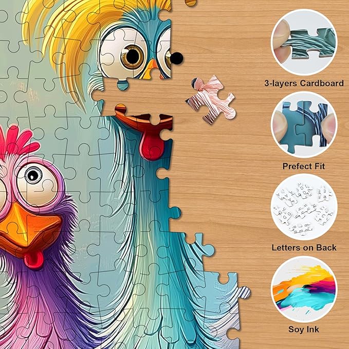 Chicken Puzzles for Adults 1000 Pieces - Funny Colorful Chicken Jigsaw Puzzle, Cute Turkey Art Puzzle with Letters on Back, Challenging Hard Difficult Cartoon Animal Puzzles as Thanksgiving Home Decor