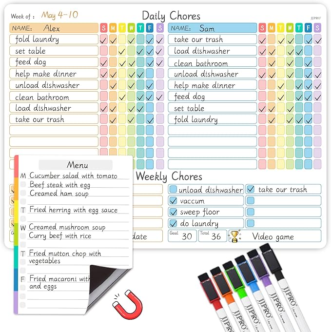 JJPRO Magnetic Chore Chart for Kids Multiple Kids, Adults-14.5"x11" Behavior Reward Responsibility Chart for Fridge and One List Board, Chores Chart for Teens, Checklist Dry Erase Chore Chart