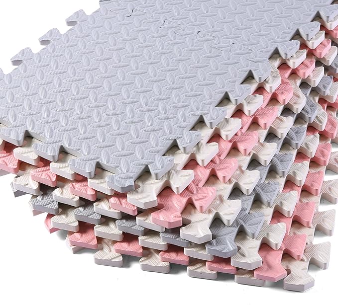 Foam Floor Mats for Kids, 12 x 12 Inch 16 Tiles 0.4" Thickness Foam Play Mat, Non-Toxic Square Interlocking Floor Mats Rubber Baby Play Mat for Toddlers(White/Gray/Lori Pink)