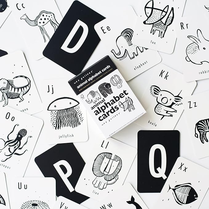 Wee Gallery Educational Flashcards for Babies, Double Sided Black and White Learning Flash cards, Animal Alphabet Cards for Visual Stimulation and Cognitive Development of Infants and Toddlers