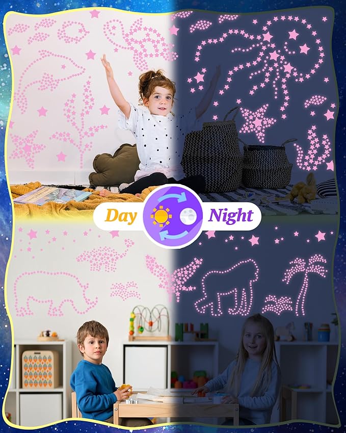 201 Pcs Glow in The Dark Stars Stickers for Ceiling, Toddler Stocking Stuffers Wall Room Decor Gifts, Luminous 3D Glowing Stars Easter Basket Stuffers for Kids Boys Girls - Pink