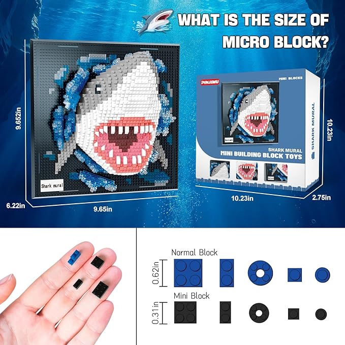 Shark Animals Wall Art Building Block Sets for Adults, No Compatible with Lego, 3D Micro Mini Bricks Kits for Home Wall Decor & Table Display, Creative Toy Gifts for Kids Teens Boys Girls (2166 PCS)