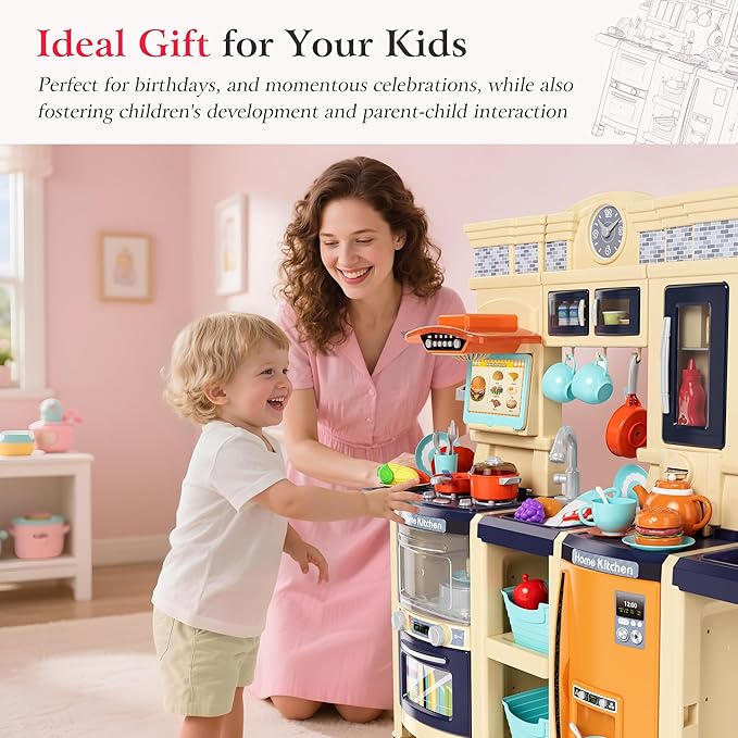 [2025 Upgraded] Kitchen for Kids & Toddlers Play Kitchen Set with Tablet Ordering, Music, Lights & Sounds, Steam Stove & Boiling Bubbles, Oven Dings, Faucet & Dishwasher,Easy-Install,Life Skills(Blue)