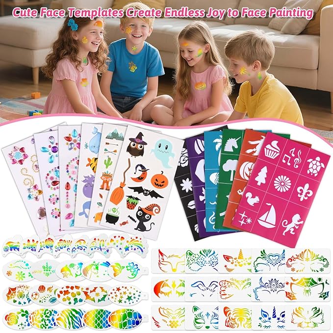 72PCS Face Painting Stencils Kit for Kids & Adults - Reusable Face Paint Templates with 10 Brushes, Makeup Sponge, Glitter Gems & Tattoo Stickers for Halloween, Christmas, Festival Party
