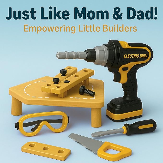 Kids Tool Set with Carrying Case, Electronic Toy Drill with Bits & Construction Vest – Pretend Play Kit with Safety Googles, Gas Shield, Tape Measure, Saw, Bubble Level, Screwdriver, Nuts & Bolts