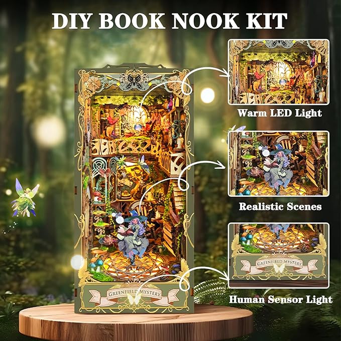 DIY Book Nook Kit, DIY Miniature Dollhouse Kit for Adults and Teens, Book Nook Bookshelf Insert Decor 3D Wooden Puzzle Bookend Miniature Kit with Sensor Light Creative Craft (Green Fairyland)