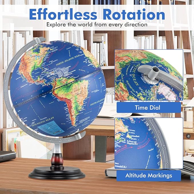 COSTWAY 12” Illuminated World Globe, Geography Educational Globe with Built-in LED Night Light, Wooden Stand, Clear Map for Kids & Adults Learning, Desktop Globes for Students, Decoration (Navy)