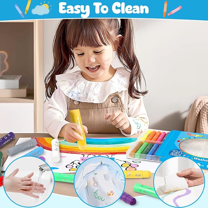 24 Colors Large Tempera Paint Sticks, Washable Paint Sticks for Toddlers, Ideal Kids Art and Craft Supplies for Painting and Coloring, Suitable for Paper, Canvas and Stone