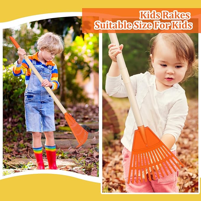 Therwen 12 Pcs Kids Rakes for Leaves 31'' Child Size Plastic Lawn Rakes, Garden Rakes with Plastic Rake Head and Wooden Handle, Kids Gardening Tools for Camping Debris Flower Beds, Boys Girls Gifts