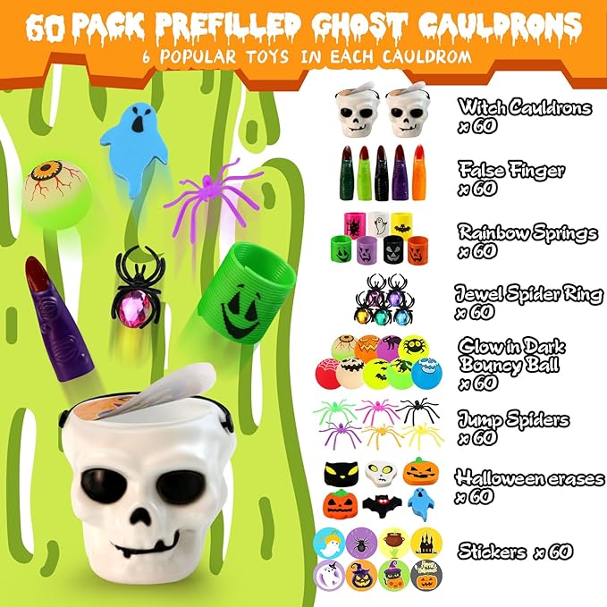 480PCS Prefilled Party Favor Bulk for Kids, 60PACK Prefilled Ghost Cauldrons With 6 Halloween Toys Inside, Goodie Bag Fillers, Prizes Gifts Miniatures for Kids, Trick or Treat