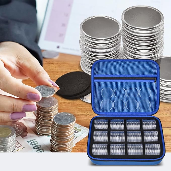 PAIYULE 96 Pieces 46mm Coin Capsules, with Foam Gasket and Plastic Storage Organizer Box, 6 Sizes (20/25/27/30/38/46mm) Coins Collector Case Holder for Coin Collection Supplies (Blue)