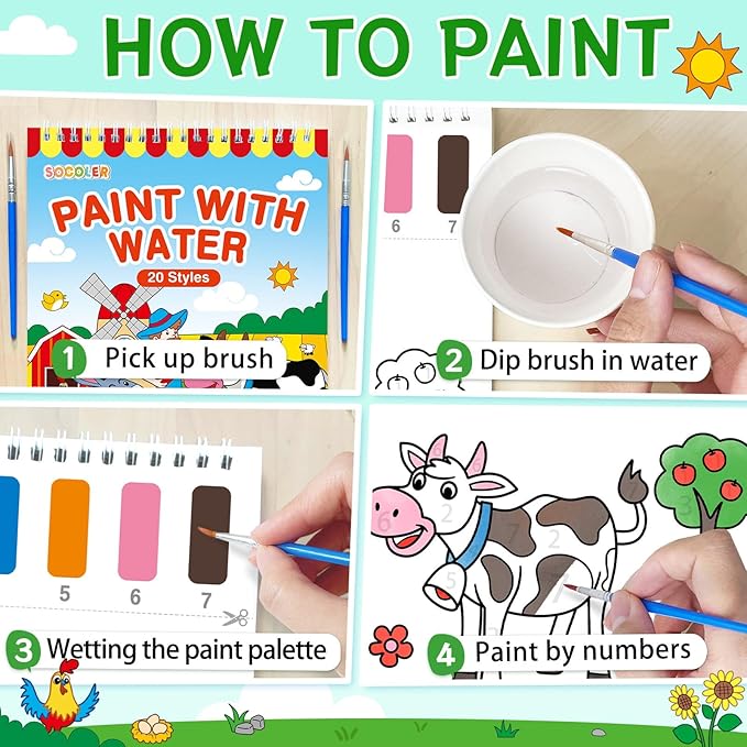 Paint with Water Coloring Books for Toddlers,Farm Theme Mess Free Watercolor Painting Papers for Kids Water Color Paint Kit Art Craft Birthday Gift for Ages 1-3, 4-8